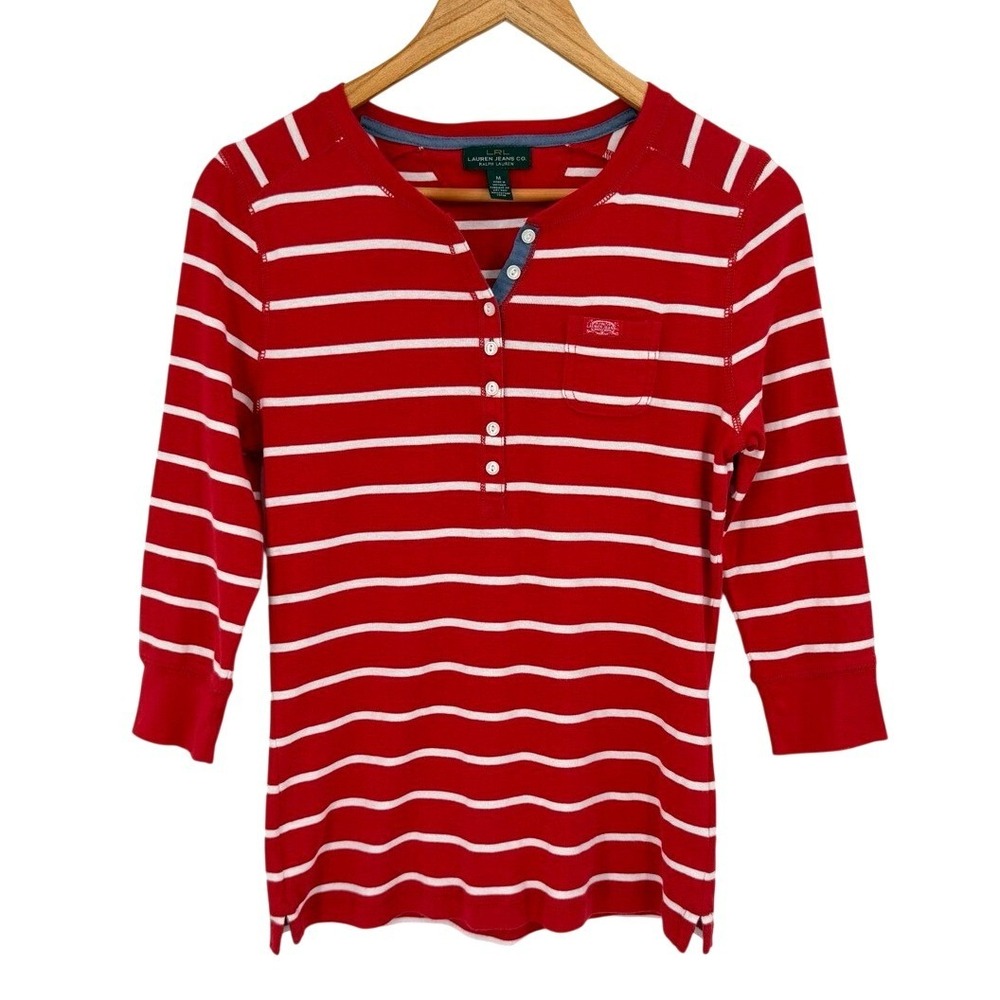 Lauren Ralph Lauren Womens Medium Henley Shirt Red White Striped 3/4 Sleeve Top